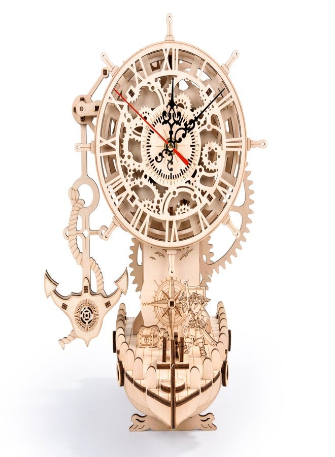 varbertos 3D Wooden Puzzle Mechanical Clock - Pirate Ship DIY Model Kit for Adults & Teens, Build-Your-Own Wood Craft, Working Clock, Unique Gift & Nautical Home Decor - Image 1